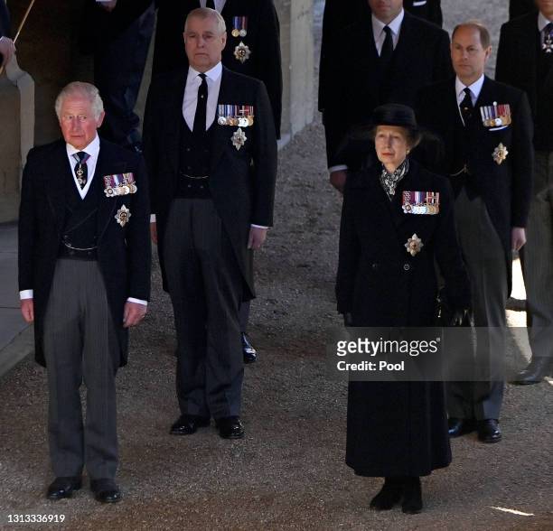 Prince Charles, Prince of Wales, Princess Anne, Princess Royal, Prince Andrew, Duke of York and Prince Edward, Earl of Wessex, follow Prince Philip,...