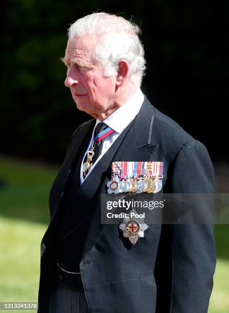 Prince Charles, Prince of Wales attends the funeral of Prince Philip, Duke of Edinburgh at St. George's Chapel, Windsor Castle on April 17, 2021 in...