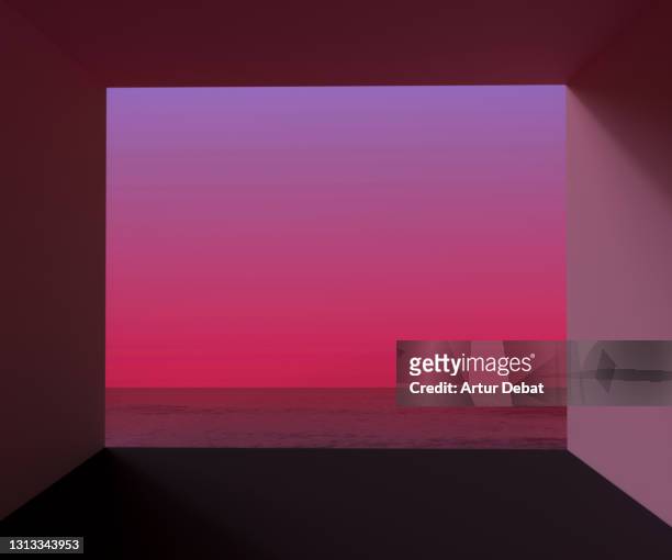 Digital render of window open view to the seascape with dramatic sunrise.