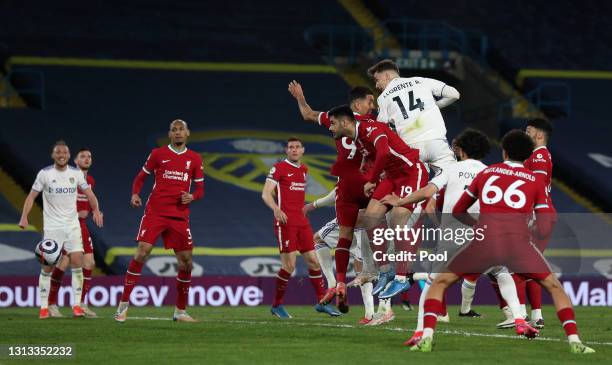 Diego Llorente of Leeds United scores his team's first goal during the Premier League match between Leeds United and Liverpool at Elland Road on...