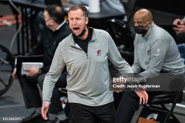 Portland Trail Blazers head coach Terry Stotts reacts to a play during their game against the Charlotte Hornets at Spectrum Center on April 18, 2021...