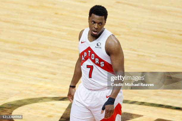 Kyle Lowry of the Toronto Raptors reacts against the Miami Heat during the second quarter at American Airlines Arena on February 24, 2021 in Miami,...