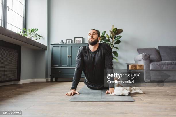 jeunes hommes à la maison pratiquant le yoga - salutation au soleil photos et images de collection