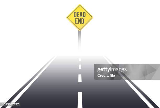 dead end road with yellow dead end warning sign - dead end stock illustrations