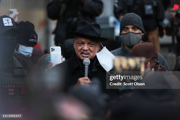 Civil rights leader Rev. Jesse speaks to demonstrators as they march near the Hennepin County Courthouse on April 19, 2021 in Minneapolis, Minnesota....