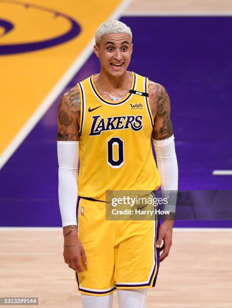Kyle Kuzma of the Los Angeles Lakers reacts as his team trails the Utah Jazz during the third quarter at Staples Center on April 19, 2021 in Los...