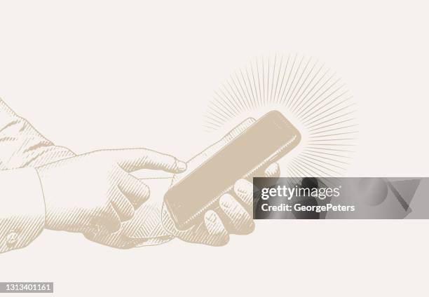 vector illustration of hands texting on smart phone - native advertising stock illustrations