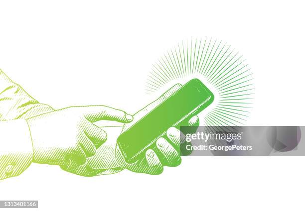vector illustration of hands texting on smart phone - native advertising stock illustrations