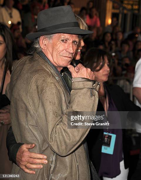 Musician Keith Richards and model Patti Hansen arrives at the "Pirates Of The Caribbean: On Stranger Tides" World Premiere at Disneyland on May 7,...