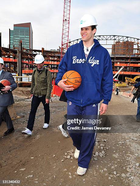 Nets player Kris Humphries tours the Barclays Center of Brooklyn site on April 4, 2011 in the Brooklyn borough of New York City.