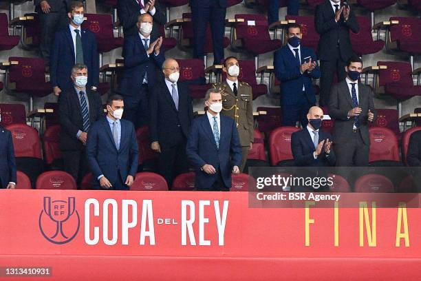 Pedro Sanchez, King Felipe VI and Jose Luis Rubiales during the Copa del Rey Final match between Athletic Club and FC Barcelona at Estadio de La...