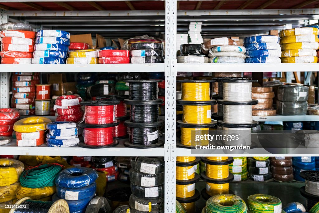 Wires or cables are at the factory in the warehouse