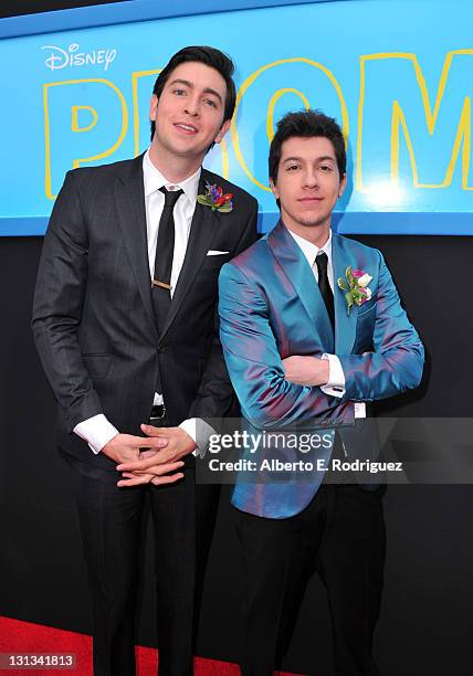 Actors Nicholas Braun and Jared Kusnitz arrive at Walt Disney Pictures Presents The Premiere Of "PROM" at El Capitan Theatre on April 21, 2011 in Los...