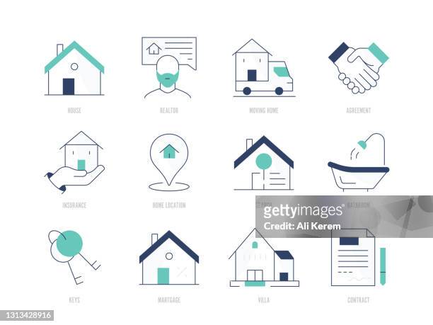 ilustraciones, imágenes clip art, dibujos animados e iconos de stock de conjunto de iconos inmobiliarios - llave de la casa