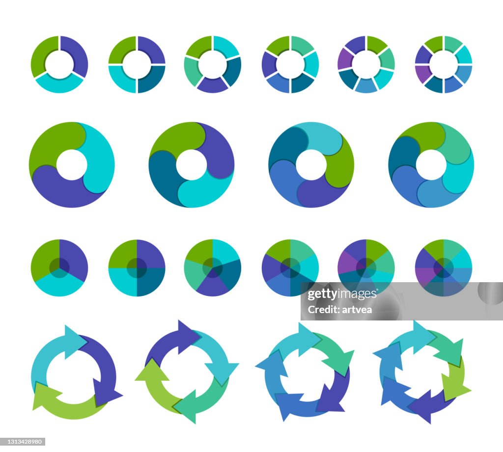 Colorida colección de gráficos circulares con 3,4,5,6 y 7,8 secciones o pasos