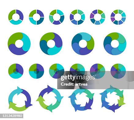 Colorful pie chart collection with 3,4,5,6 and 7,8 sections or steps Colorful pie chart collection with 3,4,5,6 and 7,8 sections or steps