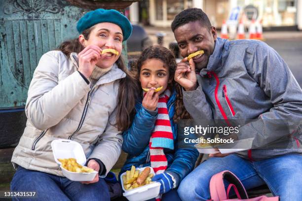 we love chips! - fish and chips stock pictures, royalty-free photos & images