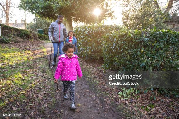walks in the woods - family with two children british stock pictures, royalty-free photos & images