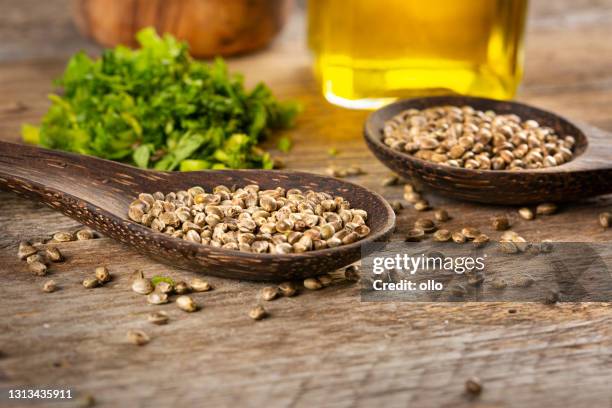 semilla de cáñamo en cucharas de madera y aceite sobre mesa de madera rústica - hemp seed fotografías e imágenes de stock