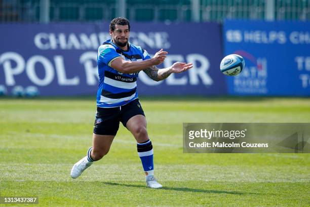Josh Matavesi of Bath Rugby passes the ball during the Gallagher Premiership Rugby match between Bath and Leicester Tigers at The Recreation Ground...