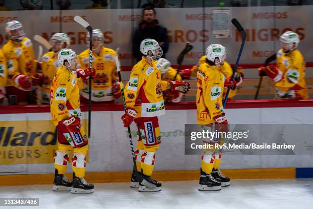 Damien Brunner, Petteri Lindbohm and Yannick Rathgeb of EHC Biel celebrate their team goal with teammates during the Swiss National League game...