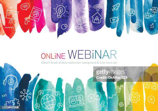 webinar watercolor abstract background including line icons set - education stock illustrations