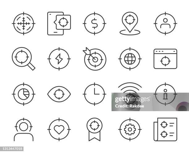 ilustraciones, imágenes clip art, dibujos animados e iconos de stock de concepto de destino - iconos de línea de luz - target market at work