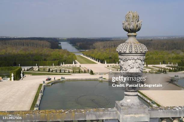 General view of the garden at Chateau de Versailles on April 20, 2021 in Versailles, France. The Restoration started in Autumn 2017.