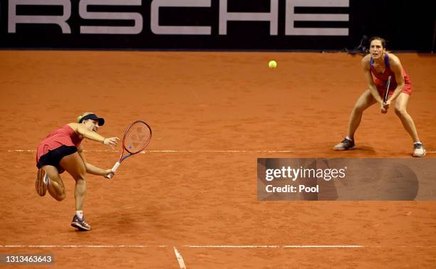 Angelique Kerber of Germany and Andrea Petkovic of Germany in action during their Womens Doubles match against Lyudmyla Kichenok of Ukraine and...