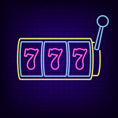Neon sign of slot machine with lucky sevens jackpot. Casino gaming machine - night light neon signboard. Vector
