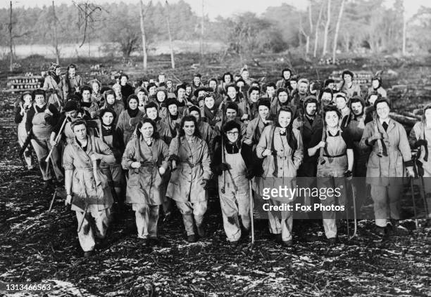 Members of the Women's Timber Corps of the Women's Land Army march back following a training course in felling and sawing trees and logs on 8th...