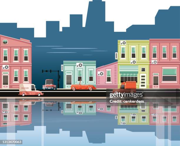 seaside city reflection - car reflection building stock illustrations