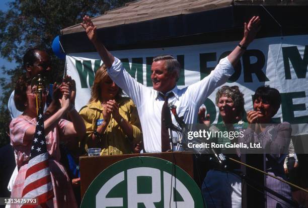Tom Bradley, Eleanor Mondale, and Walter Mondale attend National Organization of Women Rally at Woodley Park in Van Nuys, California on May 13, 1984.
