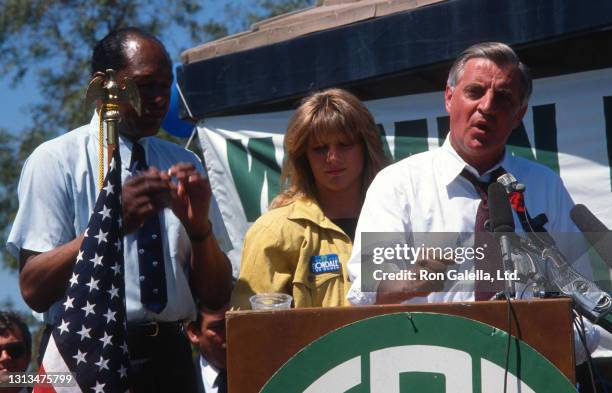 Tom Bradley, Eleanor Mondale, and Walter Mondale attend National Organization of Women Rally at Woodley Park in Van Nuys, California on May 13, 1984.