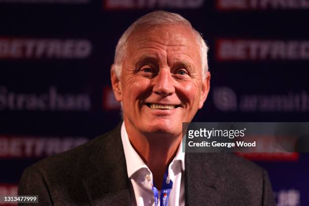 Barry Hearn is interviewed after stepping down as Matchroom Sport chairman during Day Four of the Betfred World Snooker Championship on April 20,...