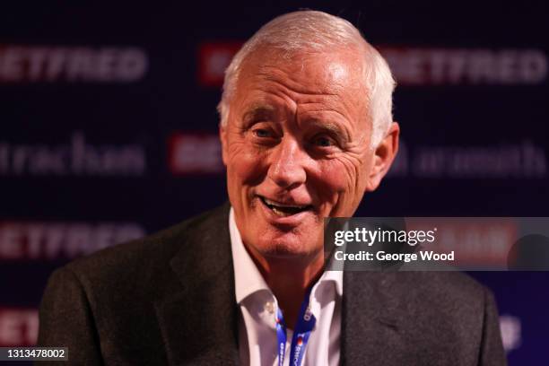 Barry Hearn is interviewed after stepping down as Matchroom Sport chairman during Day Four of the Betfred World Snooker Championship on April 20,...