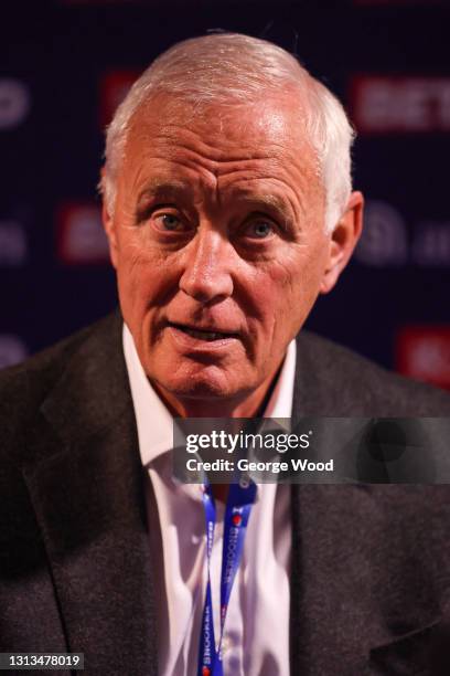 Barry Hearn is interviewed after stepping down as Matchroom Sport chairman during Day Four of the Betfred World Snooker Championship on April 20,...