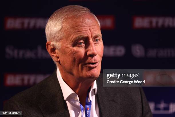 Barry Hearn is interviewed after stepping down as Matchroom Sport chairman during Day Four of the Betfred World Snooker Championship on April 20,...