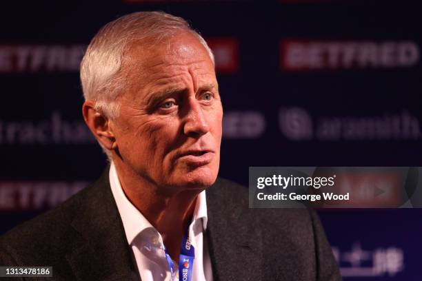 Barry Hearn is interviewed after stepping down as Matchroom Sport chairman during Day Four of the Betfred World Snooker Championship on April 20,...