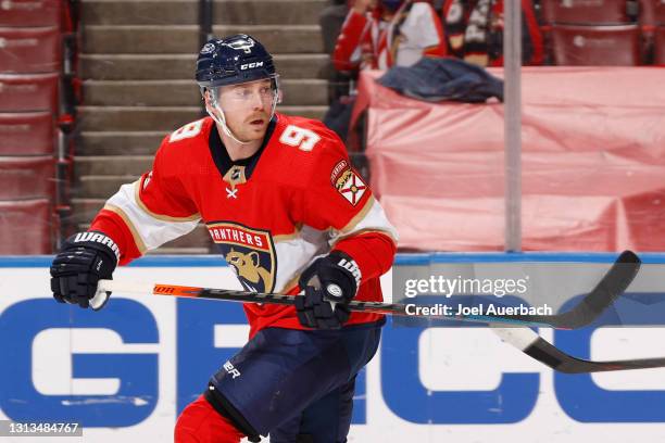 Sam Bennett of the Florida Panthers looks back towards the Columbus Blue Jackets net at the BB&T Center on April 19, 2021 in Sunrise, Florida.