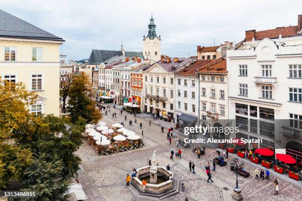 aerial view of rynok square in lviv, ukraine - marktplatz stock-fotos und bilder