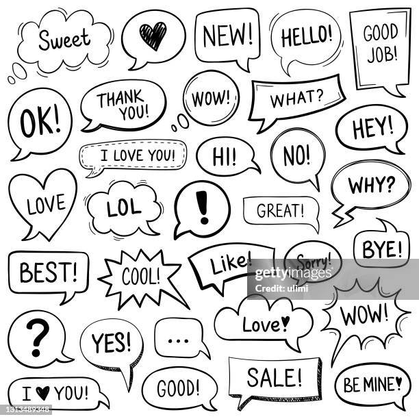 ilustraciones, imágenes clip art, dibujos animados e iconos de stock de burbujas de discurso dibujadas a mano - globo de texto