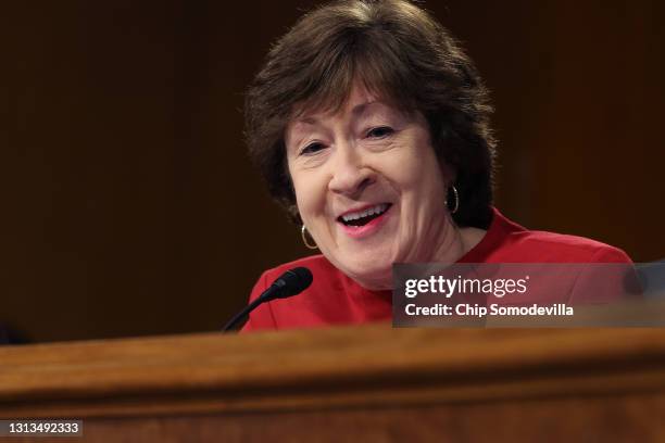 Senate Appropriations Committee member Sen. Susan Collins questions members of the Biden administration during a hearing in the Dirksen Senate Office...