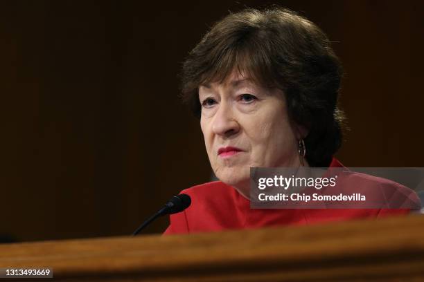 Senate Appropriations Committee member Sen. Susan Collins listens to testimony from members of the Biden administration during a hearing in the...