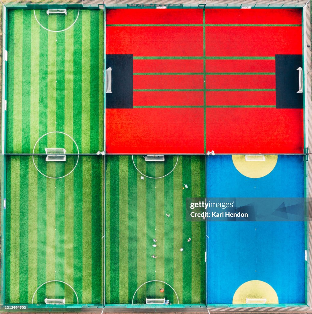 An aerial view of 5-a-side football pitches - stock photo