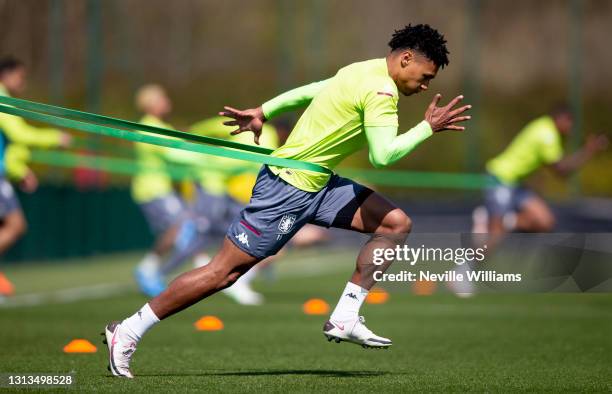 Ollie Watkins of Aston Villa in action during a training session at Bodymoor Heath training ground on April 20, 2021 in Birmingham, England.