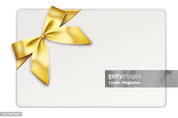 geschenk-karte mit gold geschenk schleife und bänder - geschenkanhänger stock-grafiken, -clipart, -cartoons und -symbole