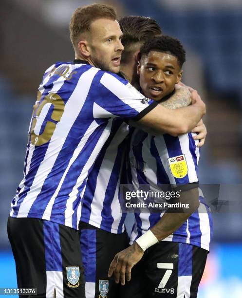 Josh Windass of Sheffield Wednesday celebrates with Jordan Rhodes and Kadeem Harris after scoring their team's first goal during the Sky Bet...