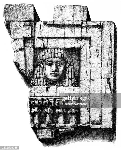 phoenician ivory panel depicting a woman's head and shoulders wearing an egyptian wig and necklace, looking through a window. found at the north west palace at nimrud. from the british museum's collection, 8th century bc - 8th century bc stock illustrations