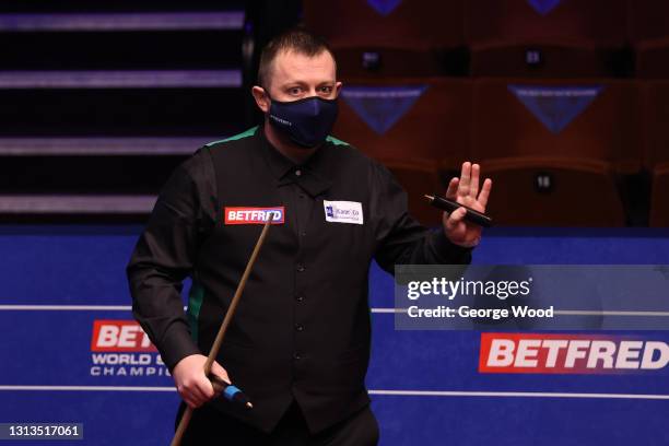 Mark Allen of Northern Ireland acknowledges the crowd following victory in the Betfred World Snooker Championship Round One match between Mark Allen...